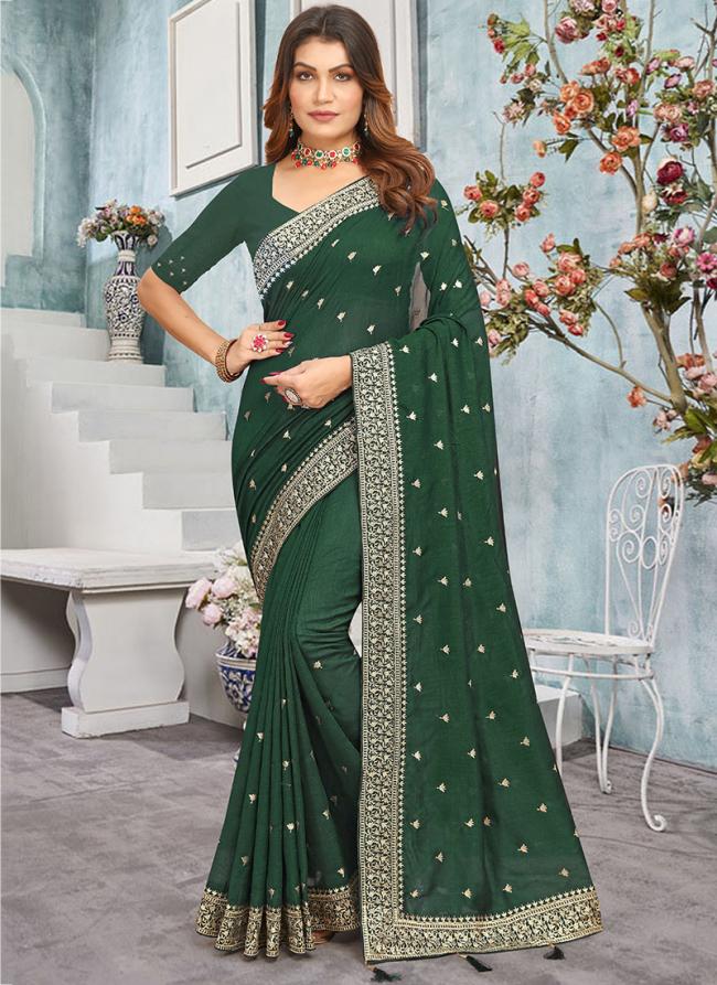 Vichitra Blooming Bottle Green Wedding Wear Embroidery Work Saree